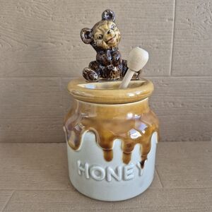 Vintage Ceramic Bear Honey Jar With Dipper Made In Japan